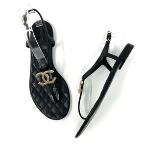 Chanel CC Logo Quilted Flat Thong T Strap Day Sandals Shoes Black Gold 37 6 6.5